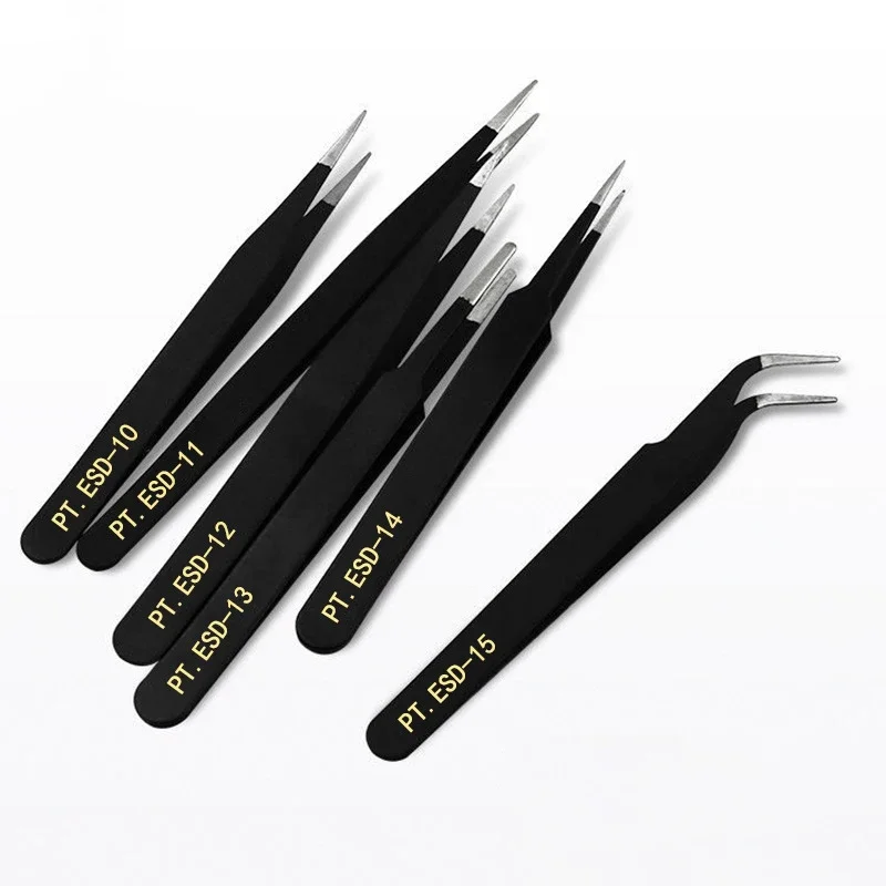Stainless Steel Tweezers Anti Static Fine Pointed Elbow Precision Tweezers Weld Tool Industrial Electronic ESD10-ESD15