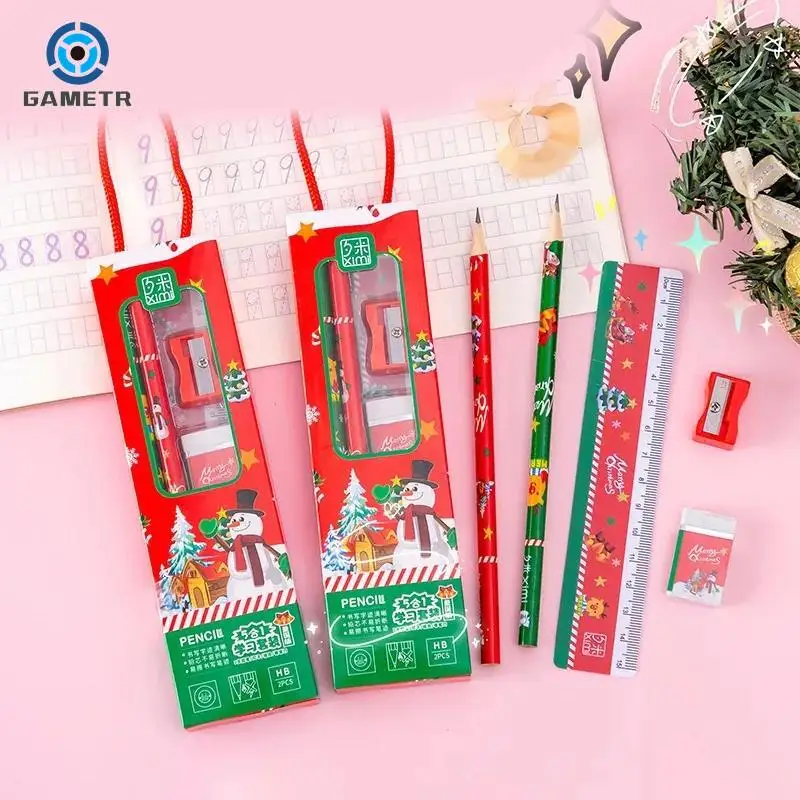 

5Pcs/Pack Cute Christmas Stationery Set Pencil Ruler Earser Sharpener Pencil Case Stationery Set For School Girls Boys Gift