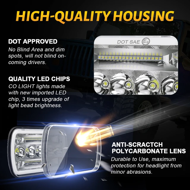 HAOLIDE-Lampes de sauna LED pour voiture, lampe de sauna carrée automobile DRL ambre, assemblage blanc, Jeep TraffXJ Wrangler YJ, 6x7 pouces, 6000K 5