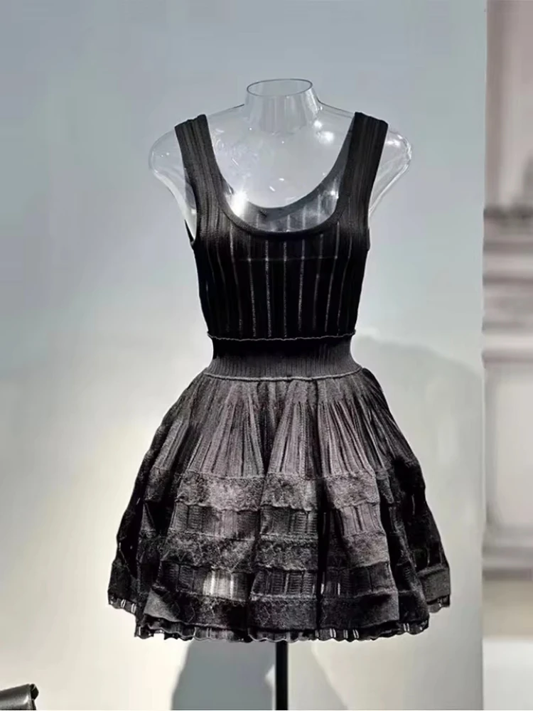 Paris Luxury Brand Design Women Elegant Dress Sexy Casual Street Party Sleeveless Solid Color Hollow Out Chic Lady Mini Dresses 1