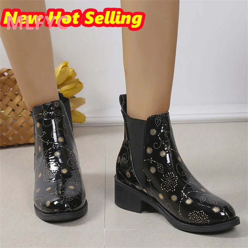 

Women's Fashion Boots New Large Short Barrel Autumn/Winter European Round Toe Patent Leather Single Boot Thick Heels