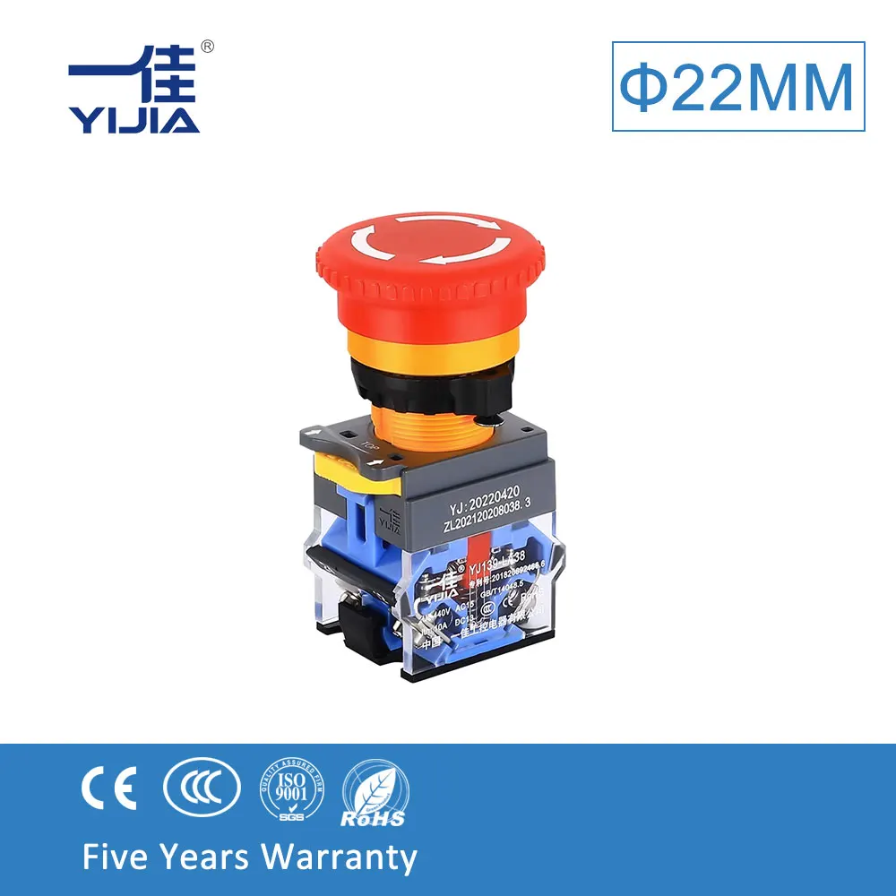 Yijia 22Mm Interruttore A Pulsante Di Emergenza Pulsante A Testa Di Fungo Autobloccante La38A-11Zs 1No 1Nc O 2 Nc