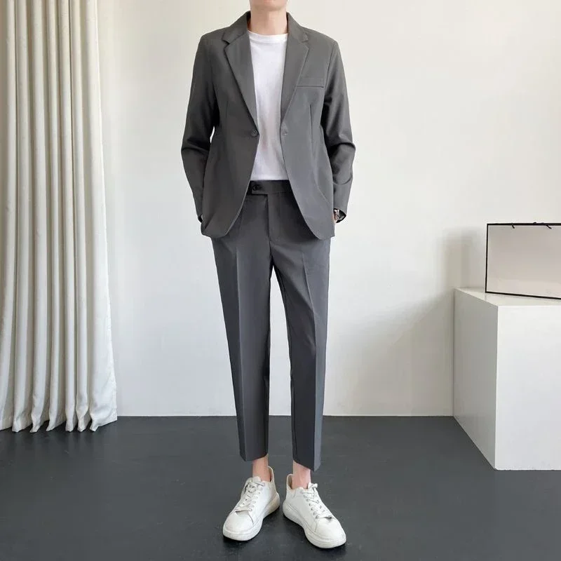 Piece Outfit Set Man Grey Blazer Casual Full Suit for Men Korean