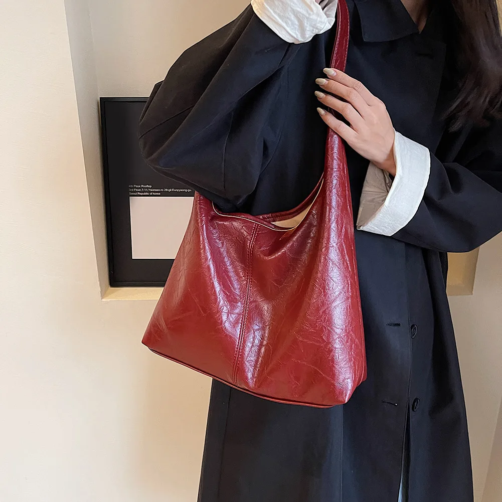 Vintage Wine Red Shoulder Bag Women Fashion Soft PU Leather Underarm Tote Bag Female Commuter Hobo Bag Ladies Handbag And Purse