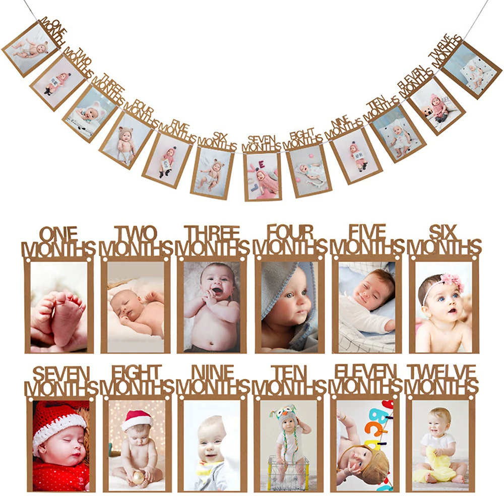 

12 Months Photo Frame Banner Garland Photo Prop First Happy Birthday Party Decorations Kids Baby 1st One Year Birthday Supplies