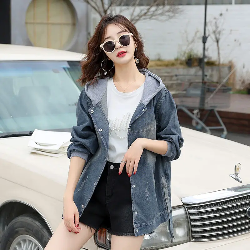 

2022 Spring Autumn Denim Jacket Women Loose Casual All-Match Stitching Hooded Short Coat Top Trend Jeans Mujer Chaqueta H670