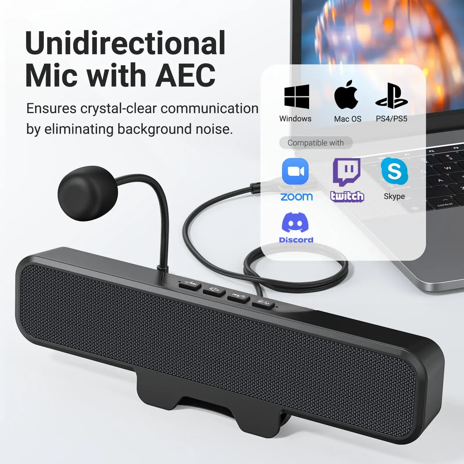 USB 모니터 사운드바, 10W 스테레오 오디오, 소음 감소, 원터치 음소거, USB A/USB-C 어댑터, 클립온 마운트, PC, 노트북용 플러그 앤 플레이