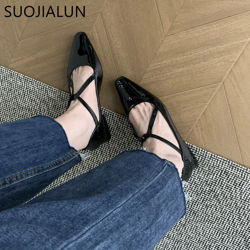 

SUOJIALUN 2023 Autumn Women Flat Shoes Fashion Square Toe Shallow Ladies Elegant Ballerina Shoes Square Low Heel Ballet Shoes