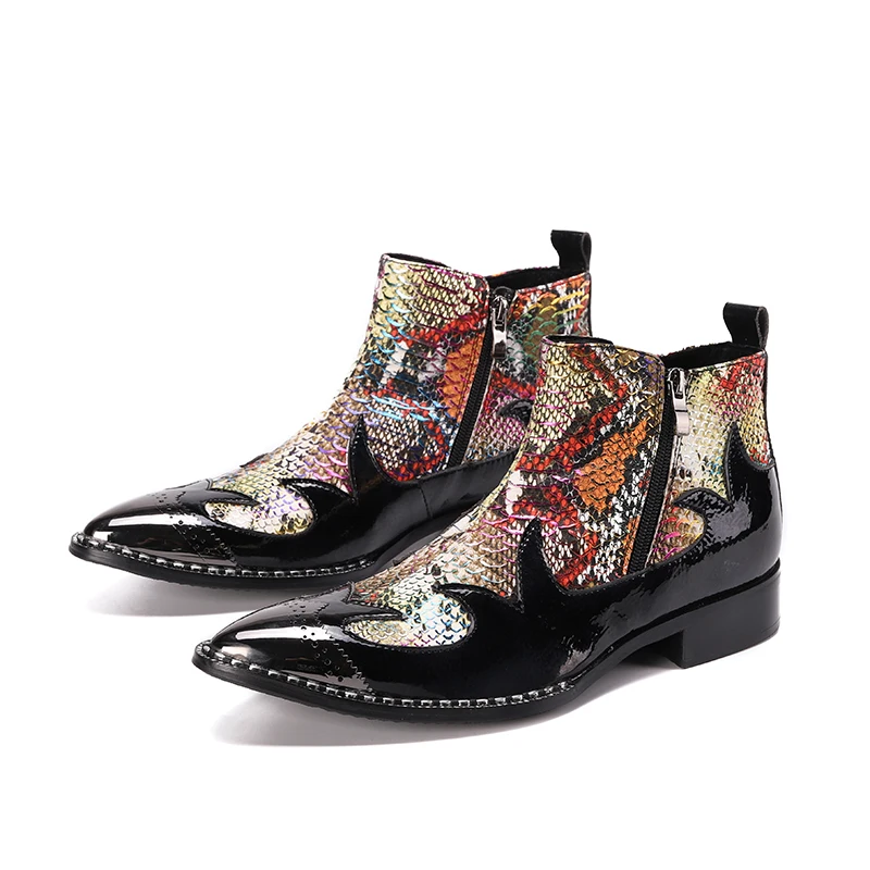 

Spring And Autumn Fashion Men's Pointed Toe Ankle Boots Snake Pattern Metal Head Rivet Letter Buckle Leather Chelsea Boots