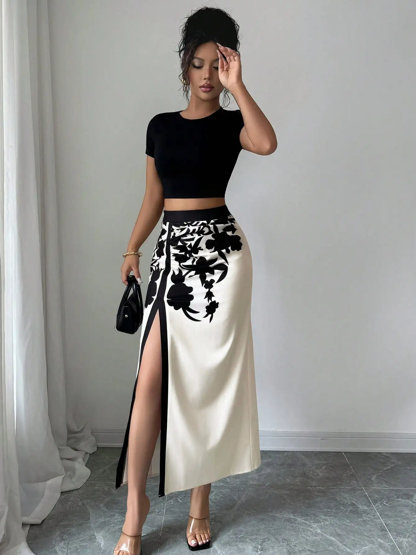 Women's Black Floral Print Midi Skirt 2026 Ruched High Slit Casual Summer Skirt 6