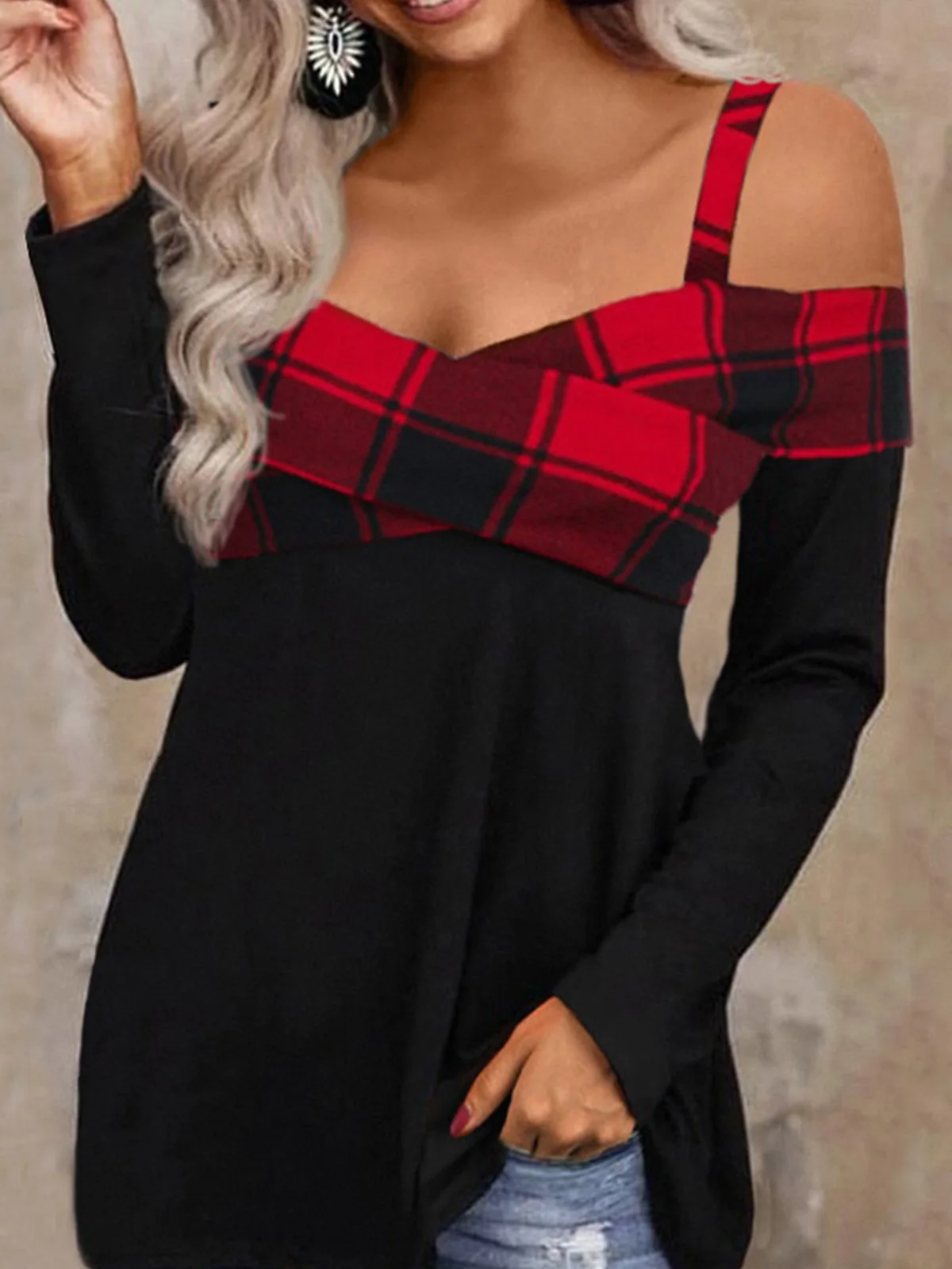 

Buffalo Plaid Wrap Cold Shoulder Blouse 2023 Autumn Ladies Comfy Fashion Wild Commuter Party Vintage Vacation Elegant Sexy Tops