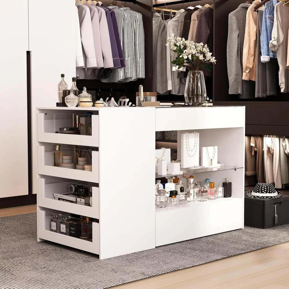 Display Cabinet Island with Glass Top and Front, Walk in Closet Organizer with 7 Drawers and 2-Tier Shelf, Shop Display Case 6