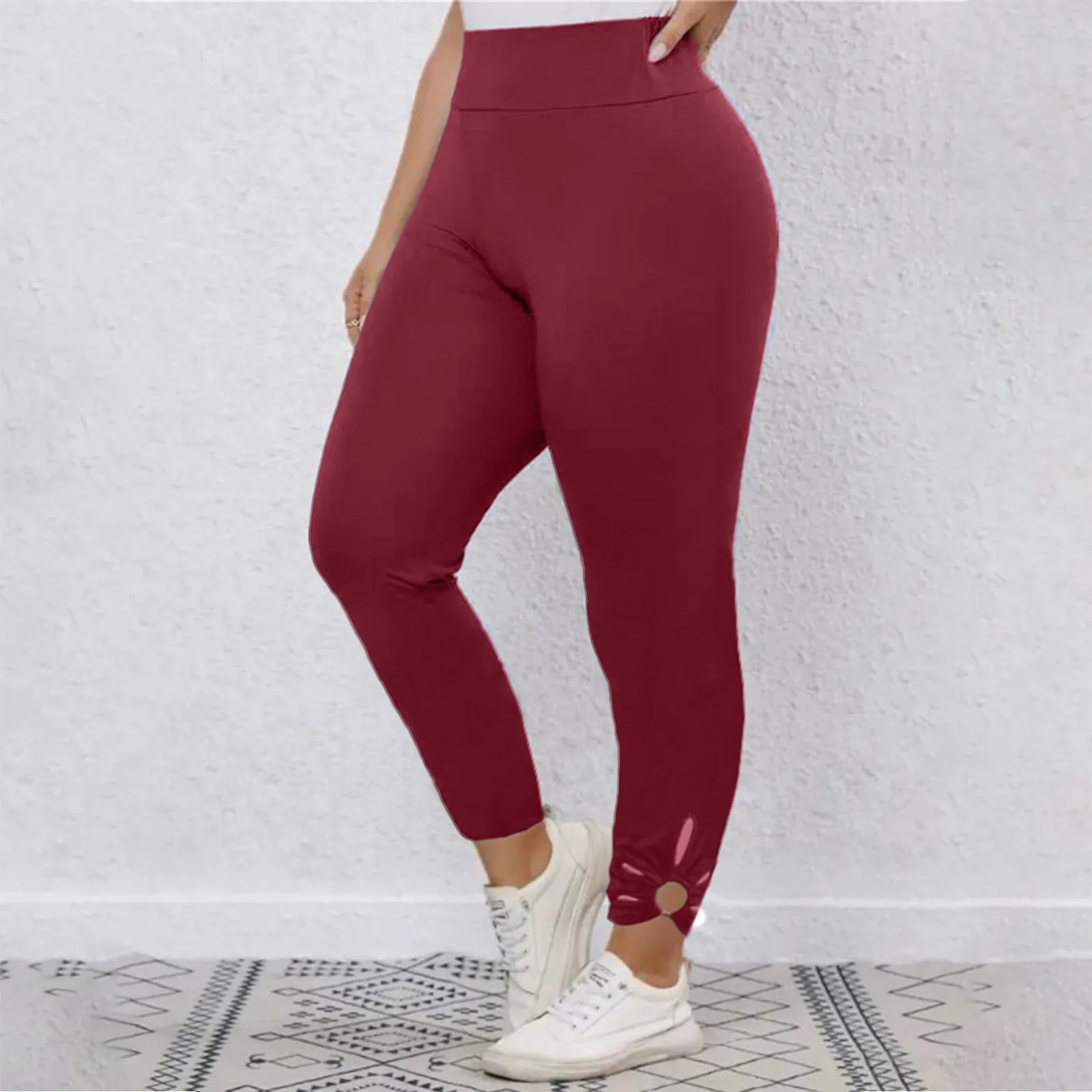 

Women's Fashion Hem Petal Hollow Trousers Casual Stretch Skinny Long Pants Comfort High Waisted Tummy Tuck Hip Lift Sweatpants