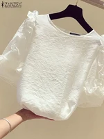 ZANZEA 2025 Summer Women Ruffled Blouse 3/4 Lantern Sleeve Tops Shirt Korean Fashion Round Neck Tunics Casual Loose Blusas Femme - Image 3