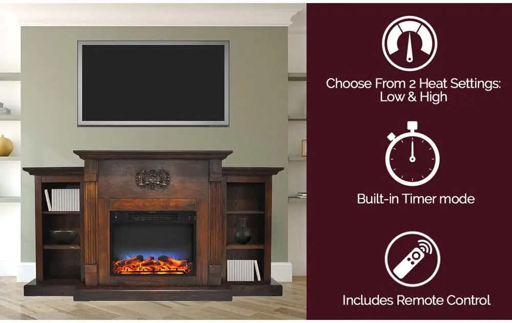 Sanoma 72 Inch Freestanding Electric Fireplace Heater with Traditional Mantel Built-In Bookshelves LED Multicolor Flames Timer