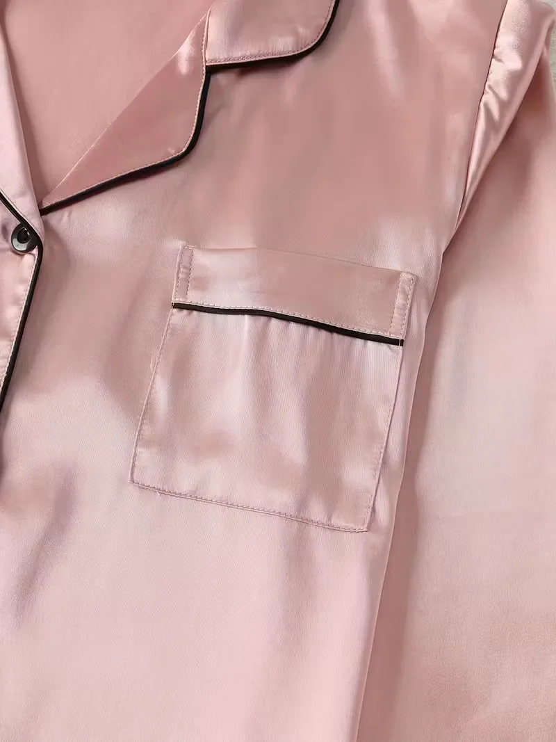 Women Autumn Winter Silk Pajamas Set Casual Soft Breathable and Relaxed Fit Long Shirt Tops and Long Pants Sleepwear 3