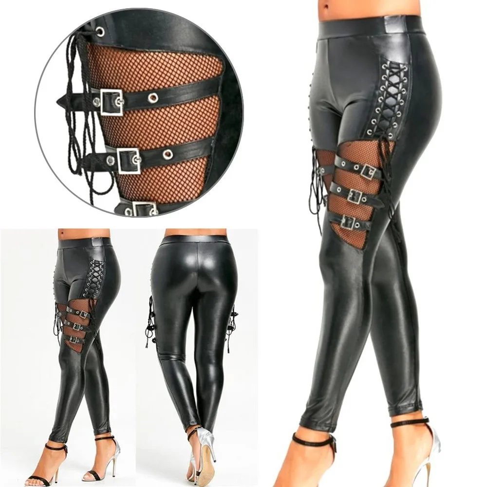 

Women's Skinny Slim Trouser in Gothic Punk Leggings with Lace Pant Fishnet Trim PU Leather Material and Elegant Design