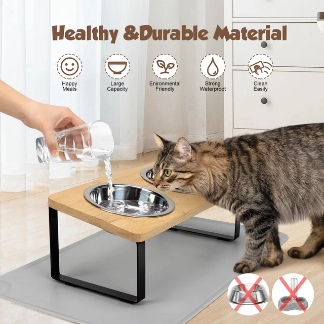 Elevated Cat Food Bowls with 15° Tilt - Raised Pet Feeder Featuring Wooden Stand and Two Stainless Steel Bowls for Cats and Pupp 3
