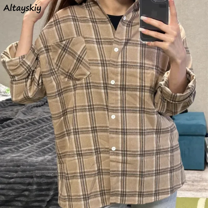 

Long Sleeve Shirts Women Plaid Vintage Outwear Students Spring Retro Hot Sale New Pockets Button-up Aesthetic Trendy Slouchy