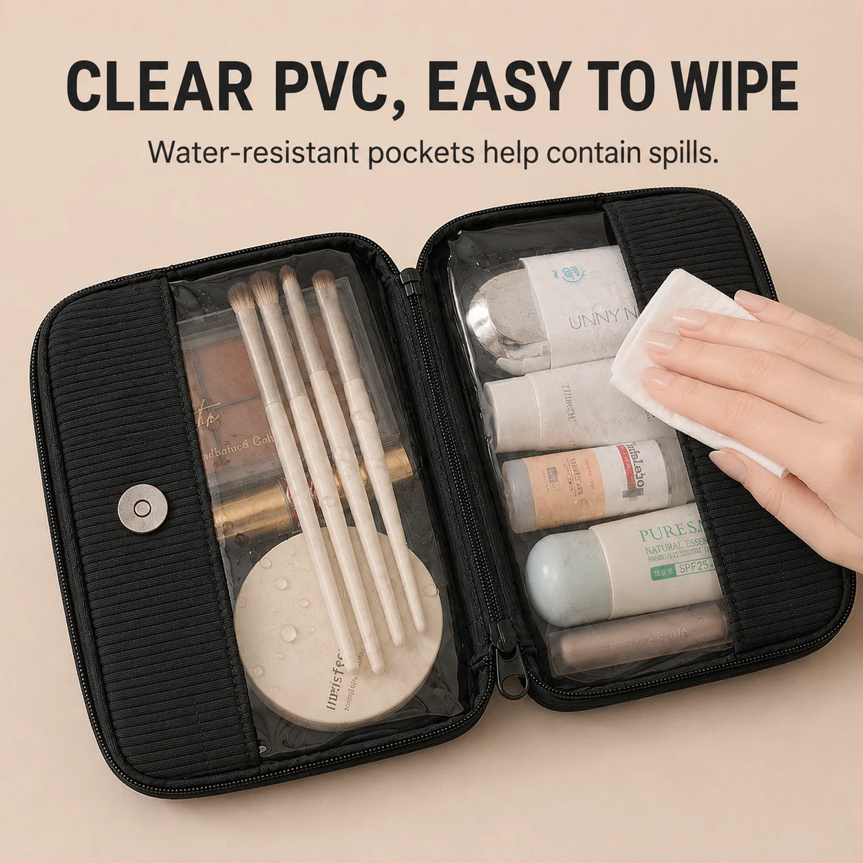 Borsa da Viaggio per Trucchi in PVC Trasparente, Organizer Cosmetico con Scomparti Divisi, Astuccio Portatile per Bellezza in Poliestere Costolato - immagine 3
