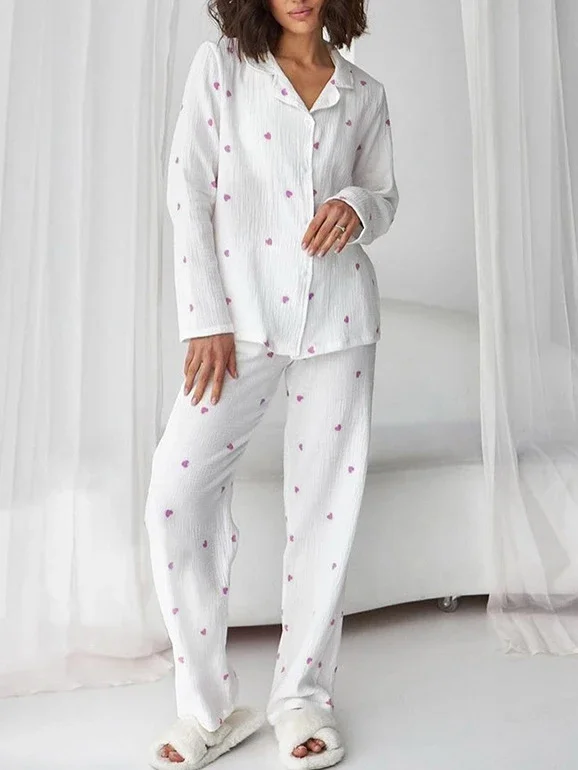 

100%Cotton Women's Pajamas Set with Heart Print 2024 Spring Soft Wide Leg Trousers Suit for Home Buttons Shirts Two-piece Set