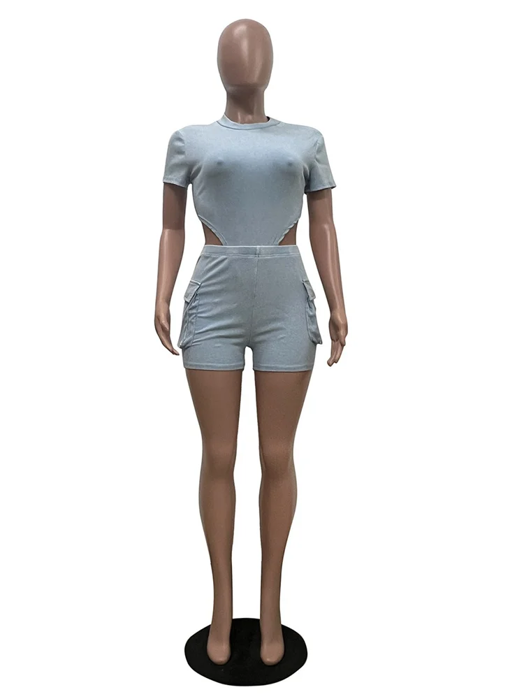 Wmstar 2 Piece Set Women Summer Clothes Casual Crop Shorts Sets Solid Hollow Out Knitted Matching Suit Wholesale Dropshipping