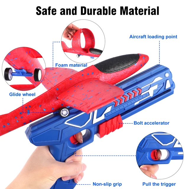 Airplane Launcher Toy, Foam Throwing Glider Plane with Catapult Gun, Outdoor Garden Interactive Shooting Game Birthday Present 5