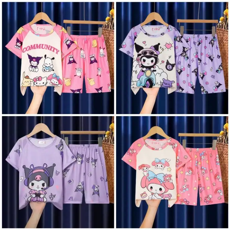 

Kawaii Sanrios летняя детская пижама Hello Kittys Kuromi с коротким рукавом мультяшная для девочек аниме Домашняя одежда Набор Kawaii тонкий милый