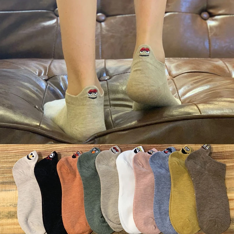 

1 Pair Cute Socks Women Funny Socks Kawaii Cartoon Embroidery Expression Cotton Female Lovely Short Ankle Socks Summer Size35-41