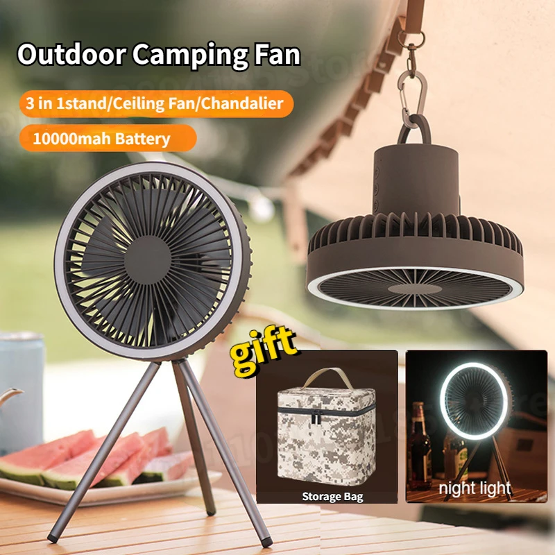 

Portable Camping Fan Rechargeable Tripod Circulator Wireless Ceiling Electric Fan with Power Bank LED Lighting 10000mAh 4000mAh