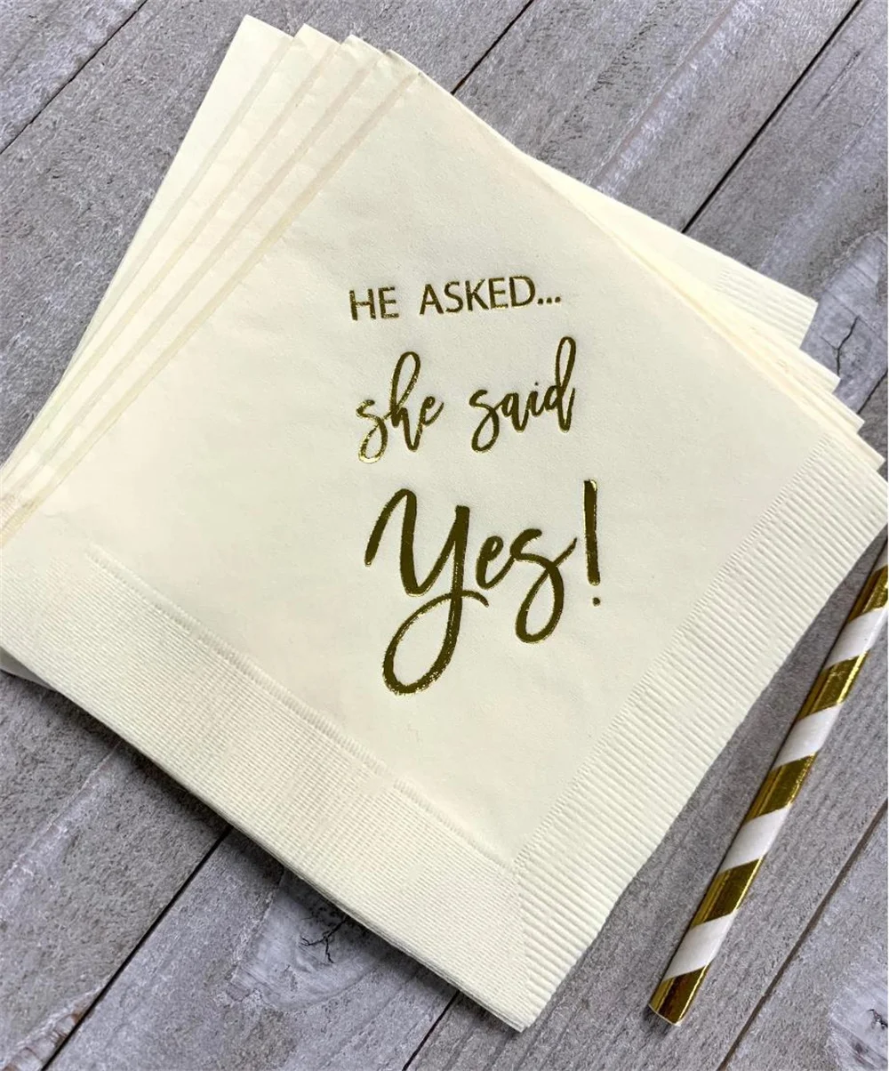 

50pcs vory / Ecru with Metallic Gold Foil Cocktail Beverage Napkins He Asked She said Yes Engagement Party Cocktail Napkins