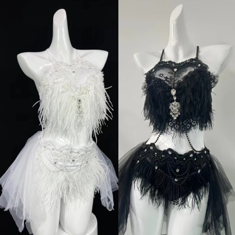 

Backless Chiffon Diamond Feather Top Skirt Women Party Jazz Dance Costume Dj Ds Singer Gogo Dancer Clothing Stage Outfit XS6970