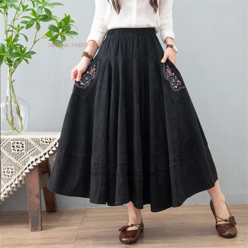chinese vintage skirt national flower embroidered cotton linen jacquard skirt oriental traditional a-line streetwear
