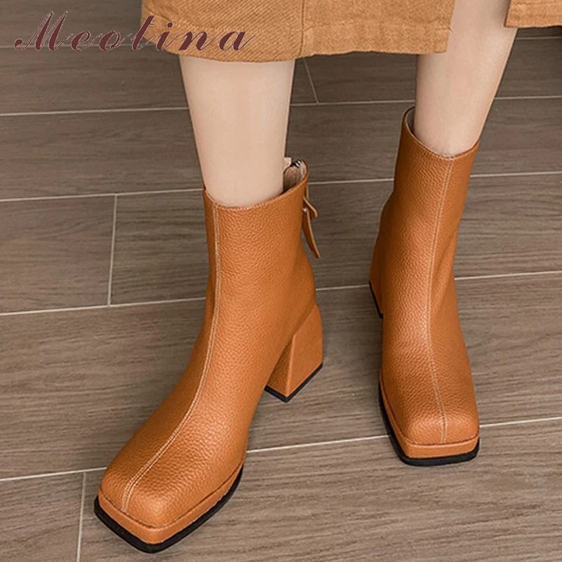 MeotinaWomenGenuineLeatherAnkleBootsSquareToeThickHighHeel
