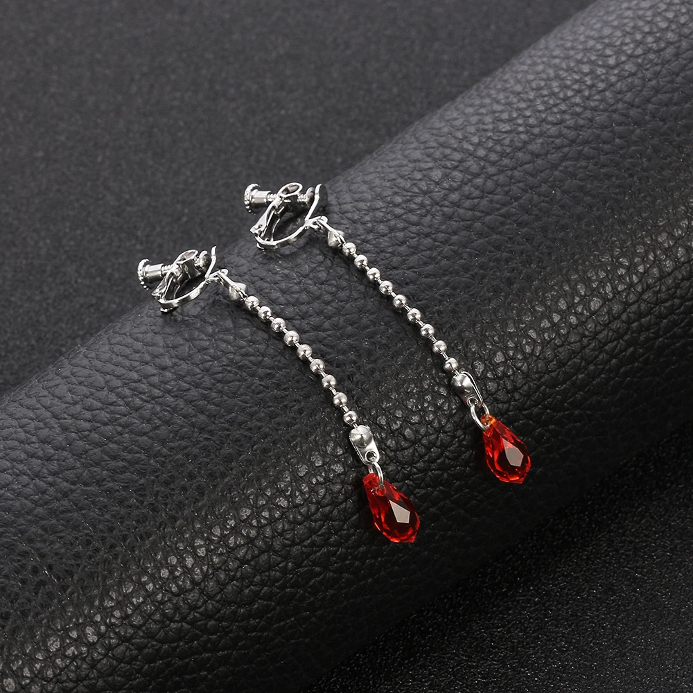 Red Water Drop Chains Stud Kurapika Kurta Cosplay Earrings Anime Hunter x Hunter Clip Earrings for Women Men Jewelry Gift