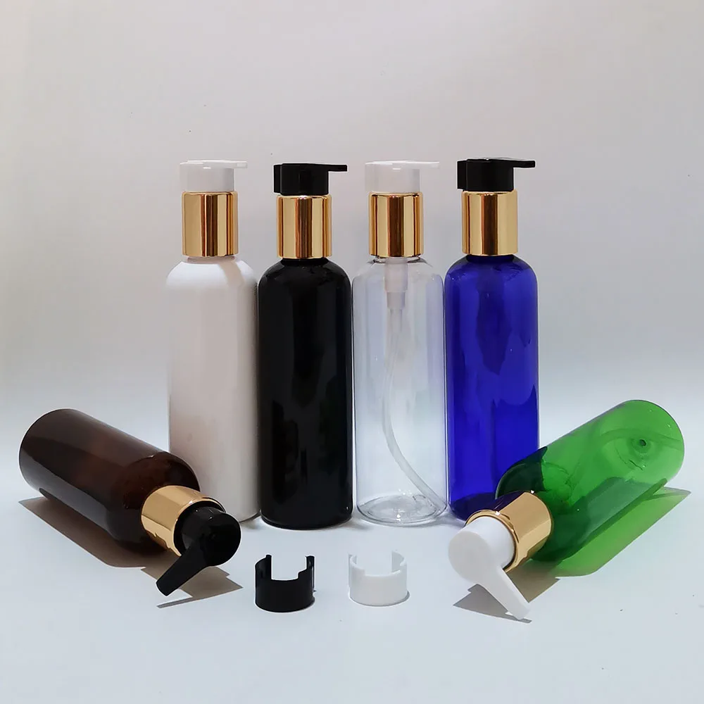 

20pc 200ml High-Grade Plastic PET Bottles With Gold Silver Aluminum Lotion Pump Black white Container For Liquid Soap Shower Gel