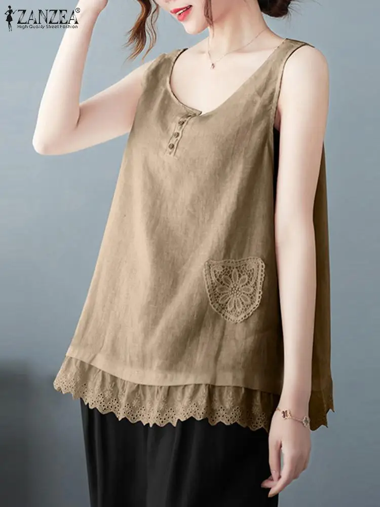 

Women Lace Crochet Blouse Fashion Solid Holiday Blusas Female Beach Shirt Tunic 2024 ZANZEA Vintage Summer Sleeveless Tanks Tops