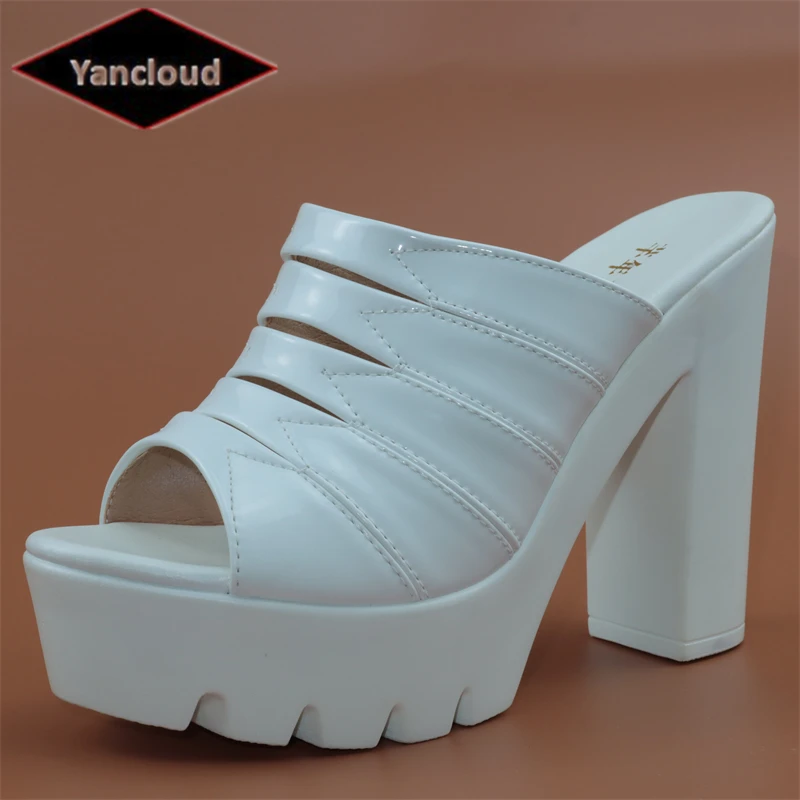 

Small Size 32-43 Patent Leather Shoes Women Block High Heels Slides Summer 2022 Sexy Thick Platform Slippers for Model Office