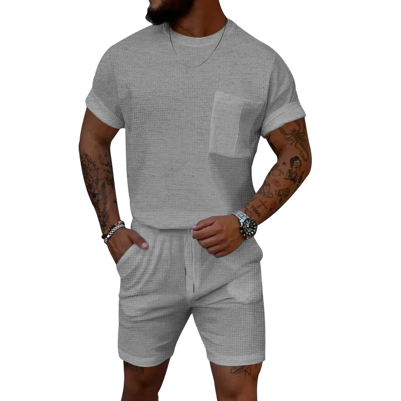 2024 Summer New Men's Set Simple Style Casual Sportswear Quality Waffle Fabric Pocket Decoration Slim T-shirt And Shorts Two Set