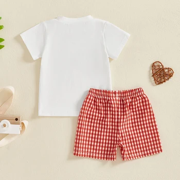 Boys Patriotic Outfit Set Short Sleeve American Flag Embroidered Shirt Plaid Shorts Independence Day Clothing Set 5