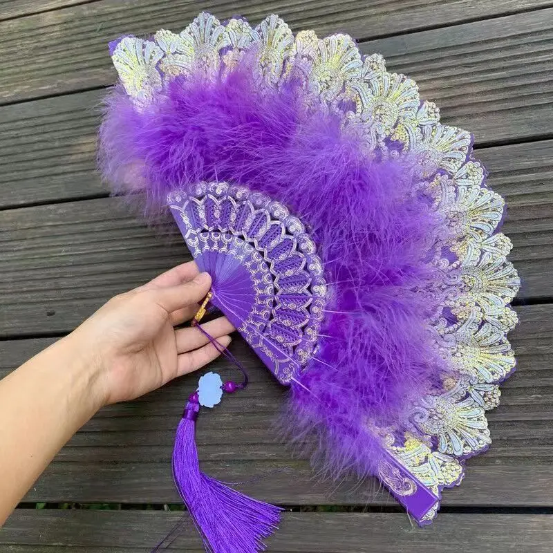 Lolita Feather Folding Fan Japanese Sweet Fairy Girl Dark Gothic Court Dance Hand Fan Art Craft Gift Wedding Party Decoration