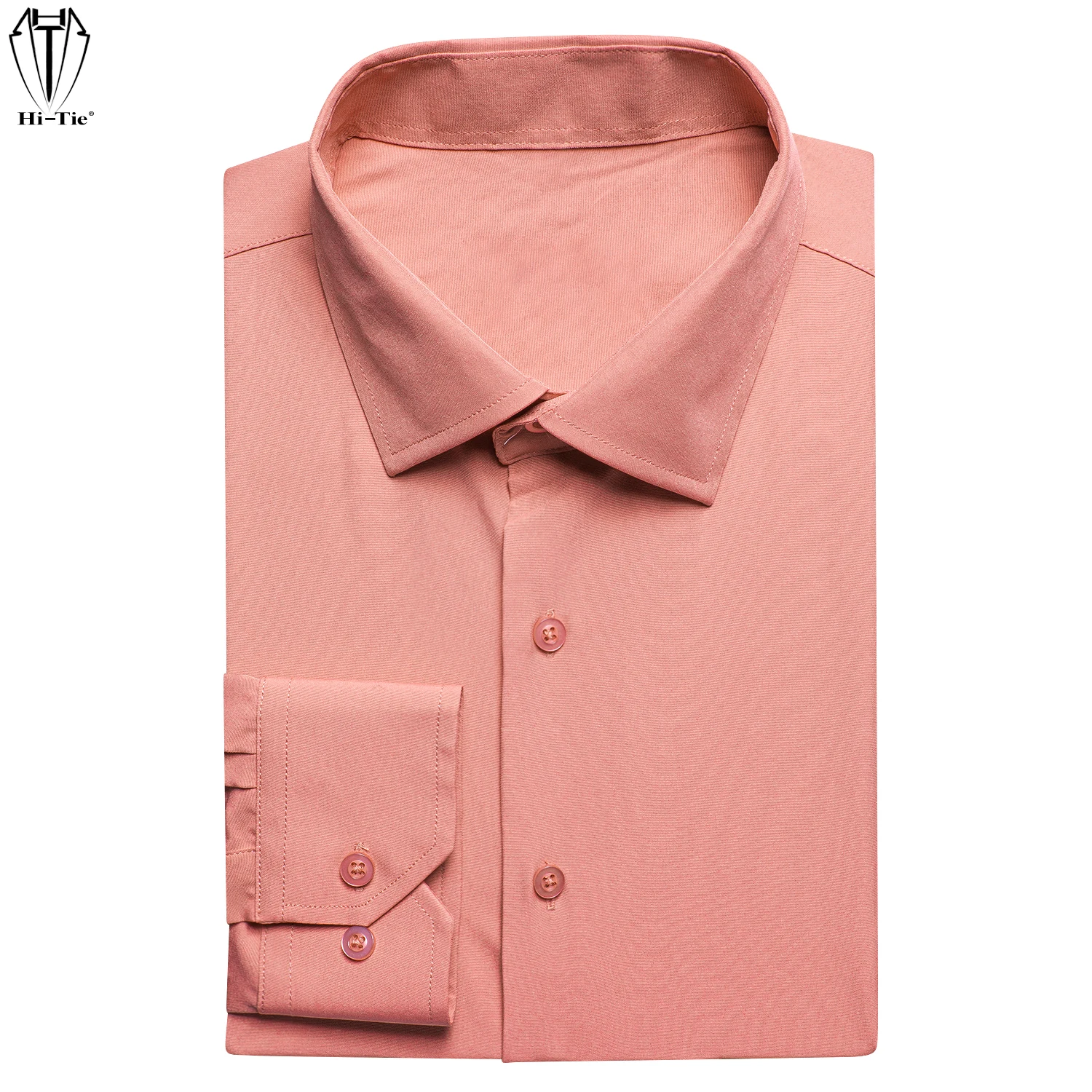 Hi-Tie Plain Silk Mens Shirts Coral Pink Lapel Long Sleeve Dress Suit Social Shirt Soft Breathable Elegant Male Blouse Wedding