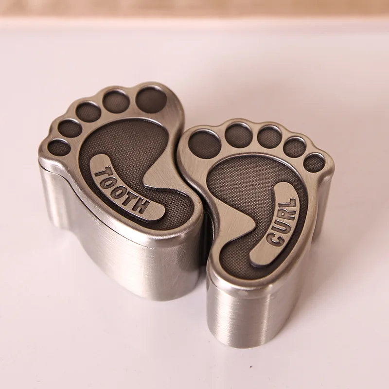 

First Curl and First Tooth Keepsake Box Metal Foot Shape Kids Engraved Souvenir Case Birthday Shower Gift Antique Pewter Brass