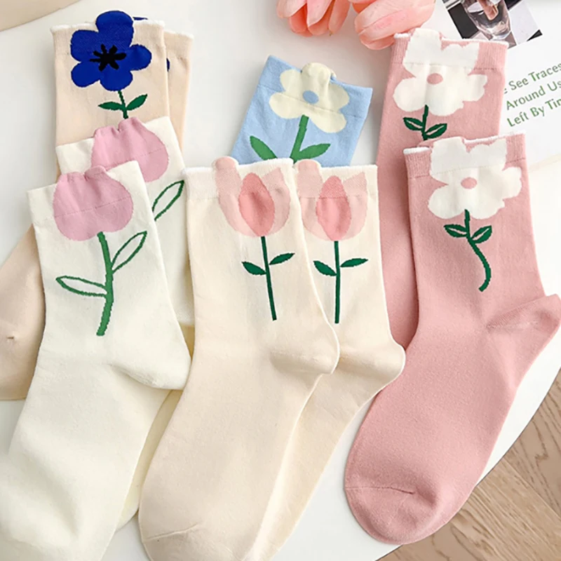 

1 Pair Women Socks Cartoon Flower Candy Color Harajuku Breathable Design Korean Style Japanese Comfortable Socks Tulip