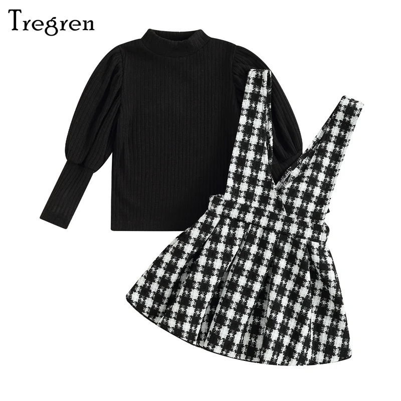 

Осенний комплект для девочек Tregren из 2 предметов, топ с длинными рукавами-фонариками и клетчатая юбка на подтяжках, детская модная одежда для детей