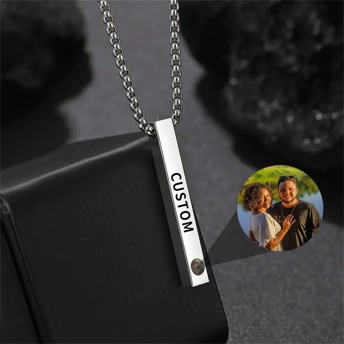 Custom Projection Photo Bar Necklace Personalized Memorial Gift For Him Dad Boyfriend Custom Birthday Anniversary Gifts Jewelry