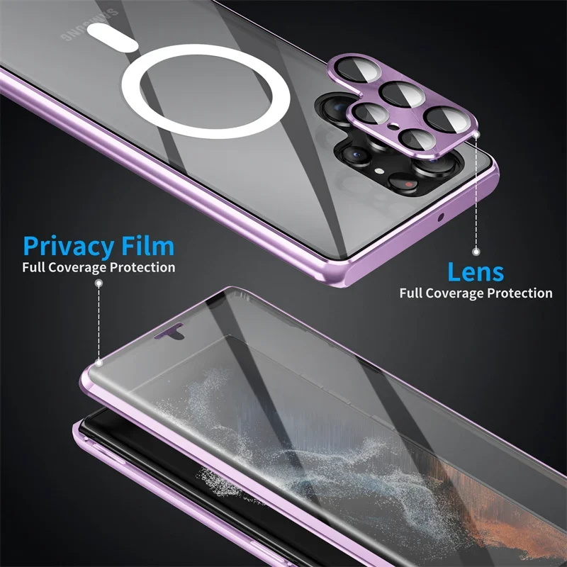 For Samsung Galaxy S23 S24 S22 Ultra Case Magnetic Magsafe 360 Full Screen Glass Metal Aluminum Alloy Frosted Protection Cover