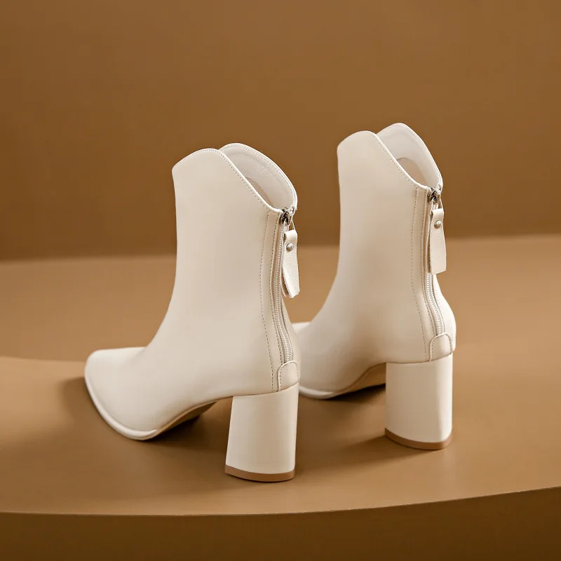 2023 Fashion Beige High Heel Short Boots Women Autumn and Winter Pointed Toe Women's Boots Women High Heels Women Boots Mid-Calf