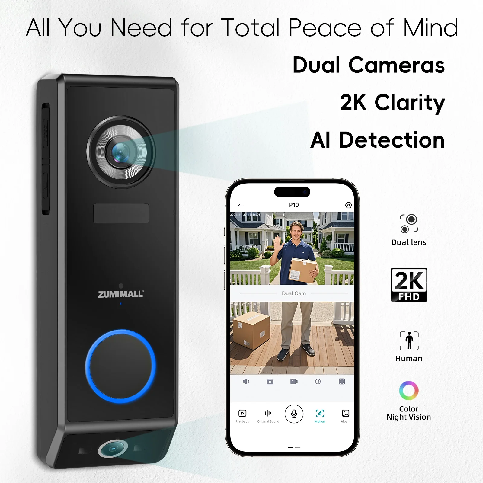 Ring Camera ZUMIMALL Dual Lens Doorbell Camera With Chime, 2K HD