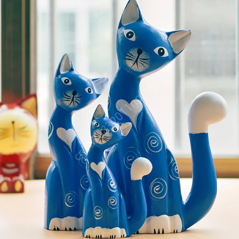 

Decorative Ornament Home Ornament Log Painted Carving Blue Cat Animal Living Room Desktop Creative Desktop Home
